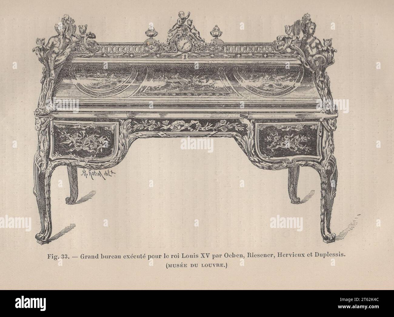 Les Arts de l'ameublement : l'ébéniestrie par Henry Havard , Paris , Librairie Charles Delagrave 15 rue Soufflot, 15 /antique french 19th Century book / Fig.33 .- Grand bureau exécuté pour le roi Louis XV par Ocben, Riesener, Hervicux et Duplessis. ( Musée du Louvre ) / Grand bureau réalisé pour le roi Louis XV par Ocben, Riesener, Hervicux et Duplessis. Banque D'Images