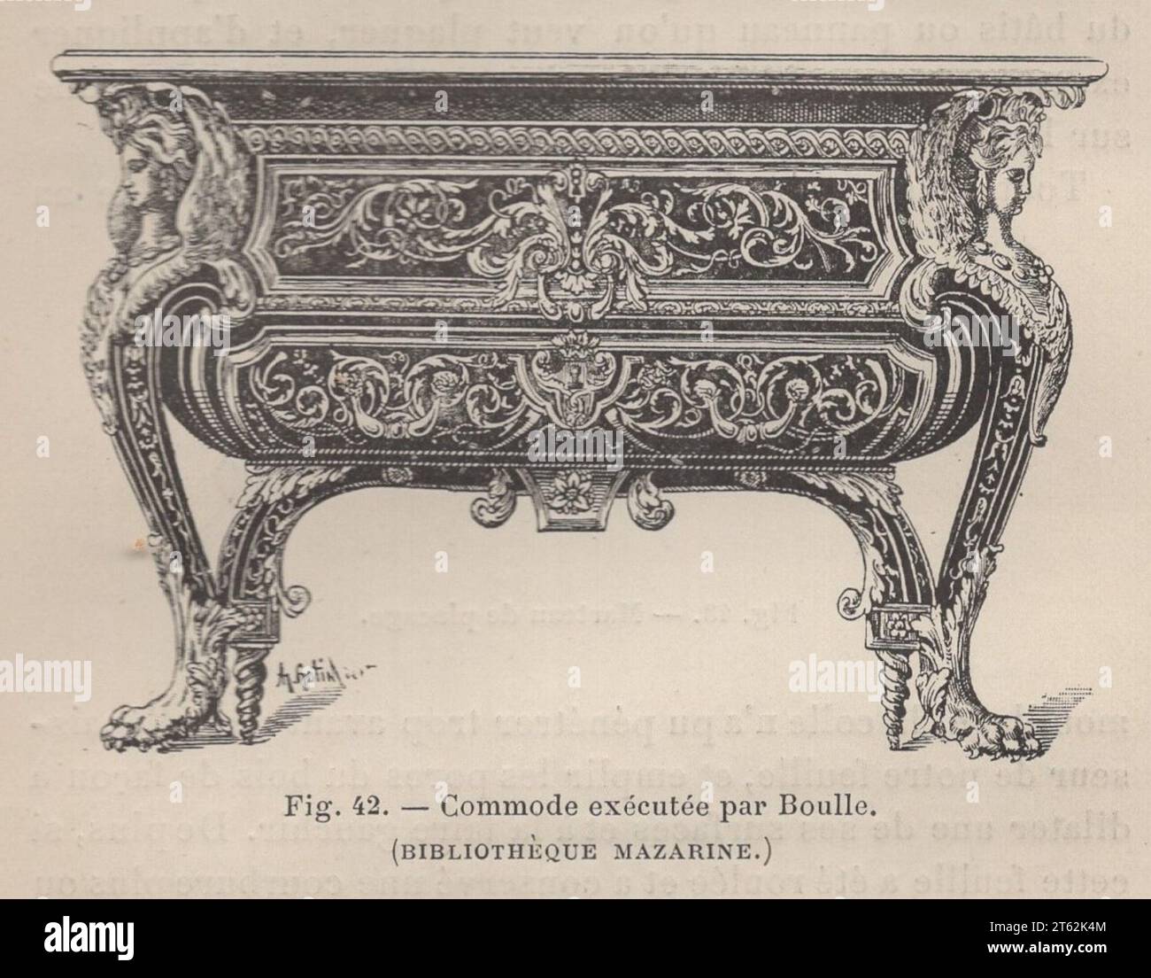 Les Arts de l'ameublement : l'ébéniestrie par Henry Havard , Paris , Librairie Charles Delagrave 15 rue Soufflot, 15 /Livre antique français du 19e siècle / Fig. 42.- commode exécutée par Boulle ( Bibliothèque Mazarine ) / coffre de tiroirs exécuté par Boulle Banque D'Images