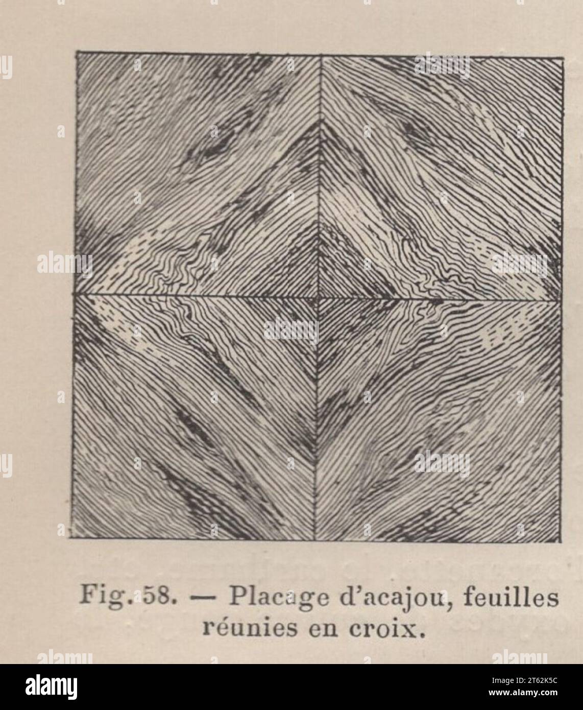 Les Arts de l'ameublement : l'ébéniestrie par Henry Havard , Paris , Librairie Charles Delagrave 15 rue Soufflot, 15 /Livre antique français du 19e siècle / Fig. 58.- placement d'acajou, feuilles réunies en croix / Mahogany placage, feuilles jointes transversalement Banque D'Images