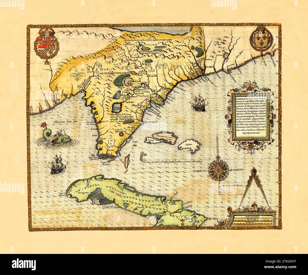 Ancienne carte de la Floride. Par le Moyne de morgues, publ. 1591 Banque D'Images