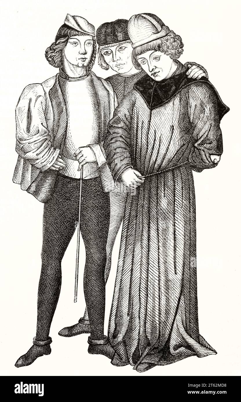 Illustration ancienne d'hommes dans des robes typiques du 15e siècle (France). Par auteur non identifié, publ. Sur magasin pittoresque, Paris, 1849 Banque D'Images