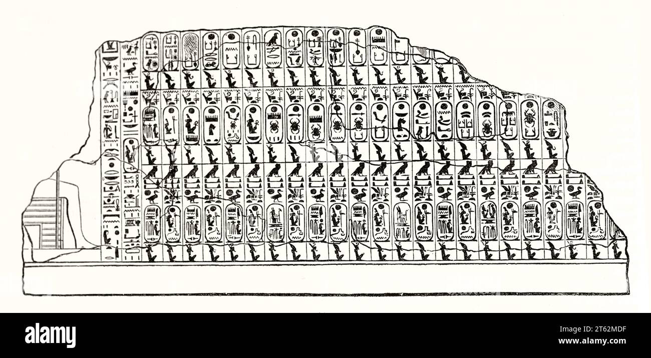 Reproduction gravée d'Abydos King List, trouvée dans le temple de Seti, Egypte. Par auteur non identifié, publ. Sur magasin pittoresque, Paris, 1849 Banque D'Images