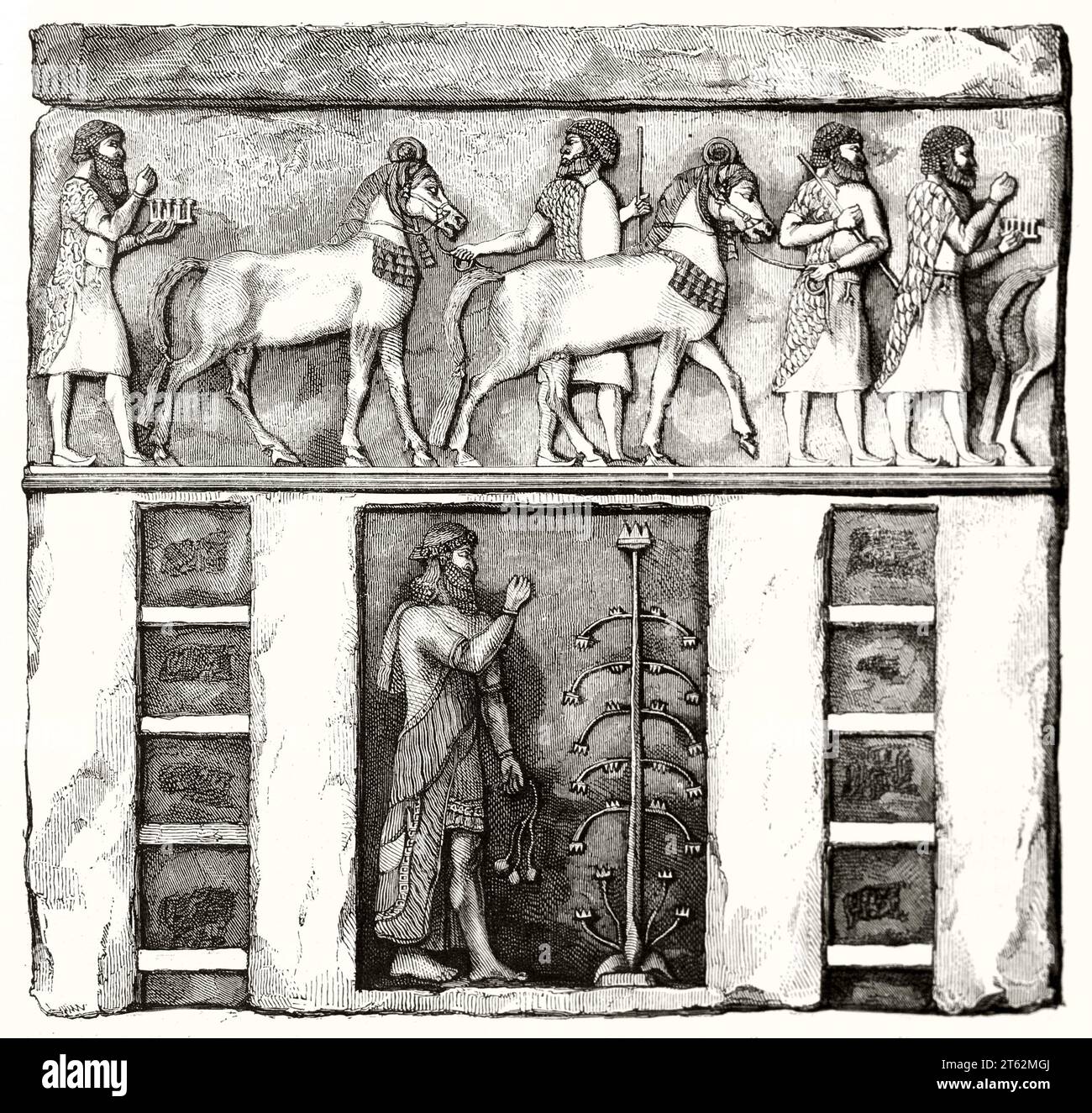 Ancienne reproduction gravée de bas-relief assyrien conservée au musée du Louvre. Par Marvy et Gauchard, publ. Sur magasin pittoresque, Paris, 1849 Banque D'Images
