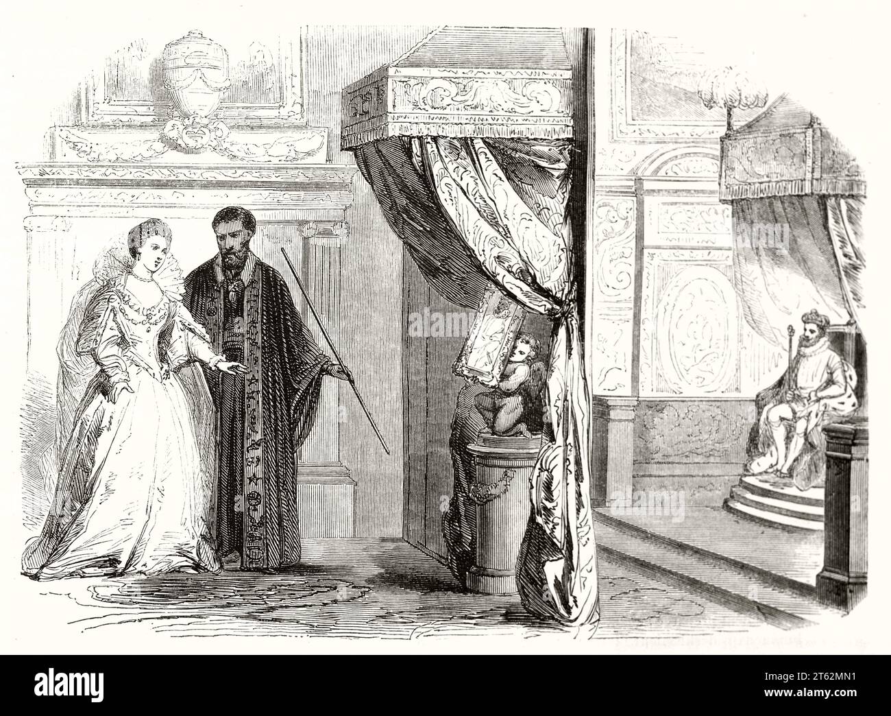 Vieille illustration de Catherine de Médicis et Nostradamus parlant. Par Pauquet, publ. Sur magasin pittoresque, Paris, 1849 Banque D'Images