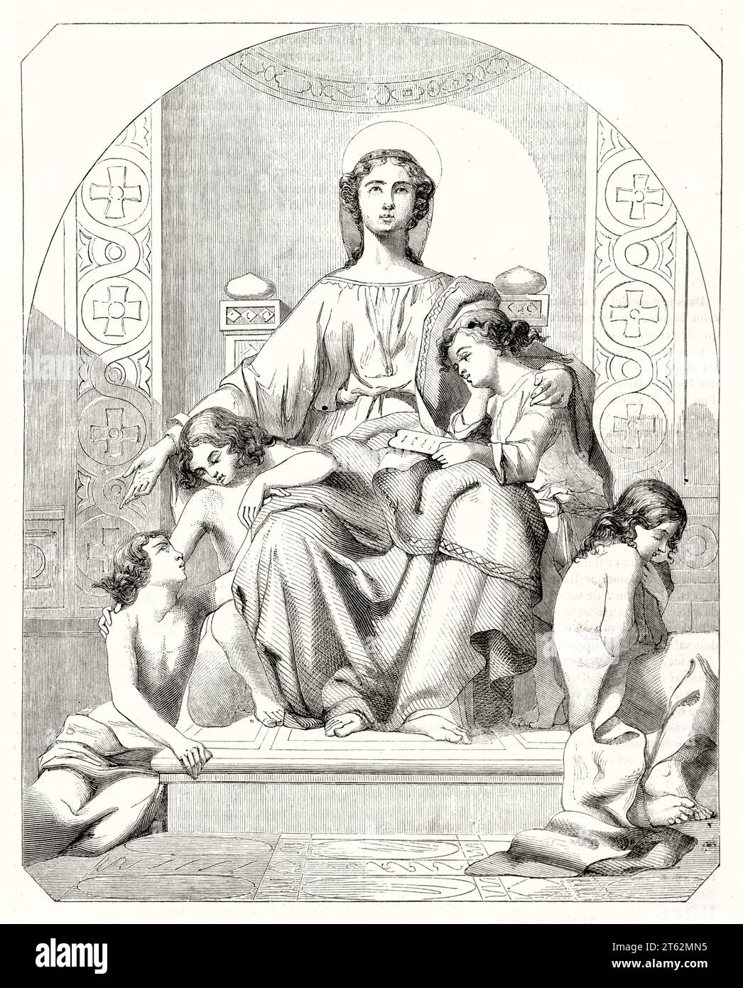 Vieille illustration allégorique de la Charité. D'après Landelle, publ. Sur magasin pittoresque, Paris, 1849 Banque D'Images