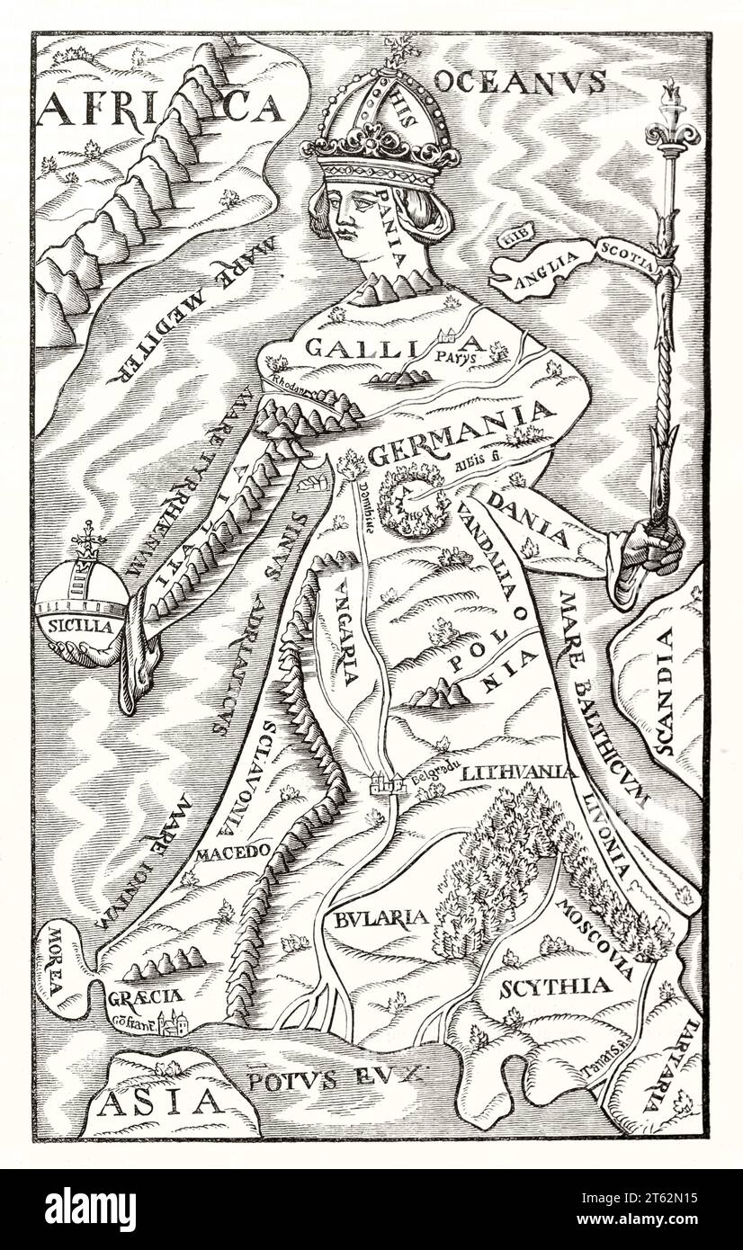 Carte de l'Europe en forme de reine ancienne gravée en 1628. Publ. Sur magasin pittoresque, Paris, 1849 Banque D'Images