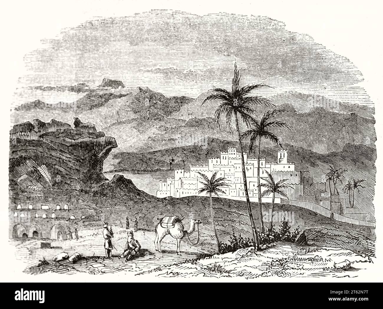 Vue ancienne de Ghrat (?) Sahara central. Par auteur non identifié, publ. Sur magasin pittoresque, Paris, 1849 Banque D'Images