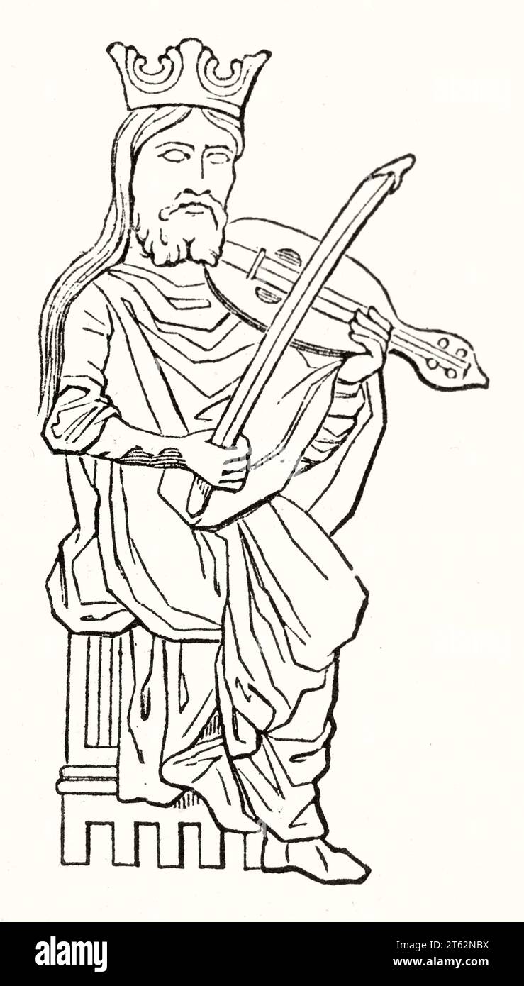 Vieille illustration d'un roi jouant du violon. Par auteur non identifié, publ. Sur magasin pittoresque, Paris, 1849 Banque D'Images