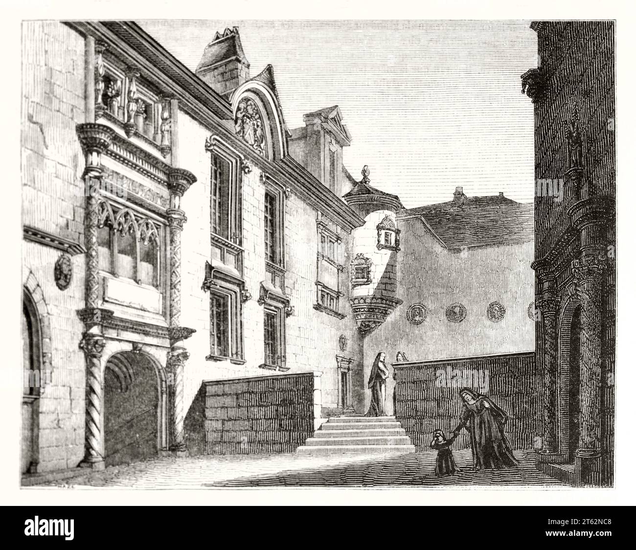 Vue ancienne de la maison l'Allemand, Bruges, Belgique. Par auteur non identifié, publ. Sur magasin pittoresque, Paris, 1849 Banque D'Images