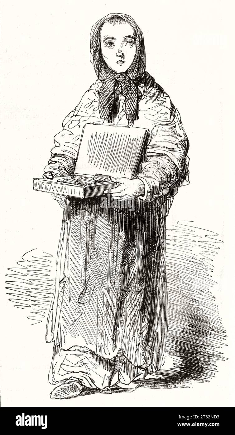 Vieille illustration d'un jeune vendeur de briquet. Par Gavarni, publ. Sur magasin pittoresque, Paris, 1849 Banque D'Images