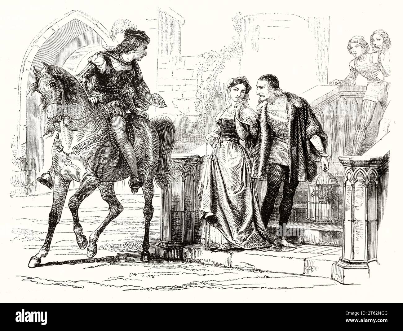 Illustration ancienne représentant une scène médiévale : femme et deux hommes. Par Girardet, publ. Sur magasin pittoresque, Paris, 1849 Banque D'Images