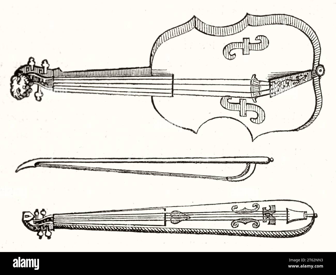 Illustration ancienne de violon, archet et kit. Après gravure du 17e siècle, publ. Sur magasin pittoresque, Paris, 1849 Banque D'Images