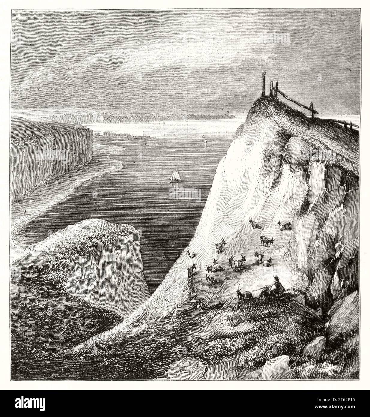 Vue ancienne du rempart naturel près du port de Dieppe et du phare de Lhay en arrière-plan, France. Par Champin, publ. Sur magasin pittoresque, Paris, 1849 Banque D'Images