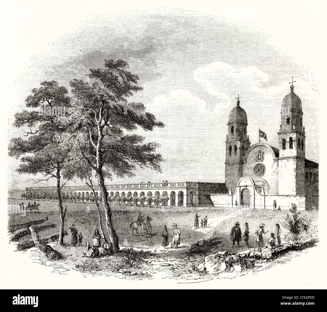 Vue ancienne de la mission Saint-Louis, Californie. Par Mofras, publ. Sur magasin pittoresque, Paris, 1849 Banque D'Images