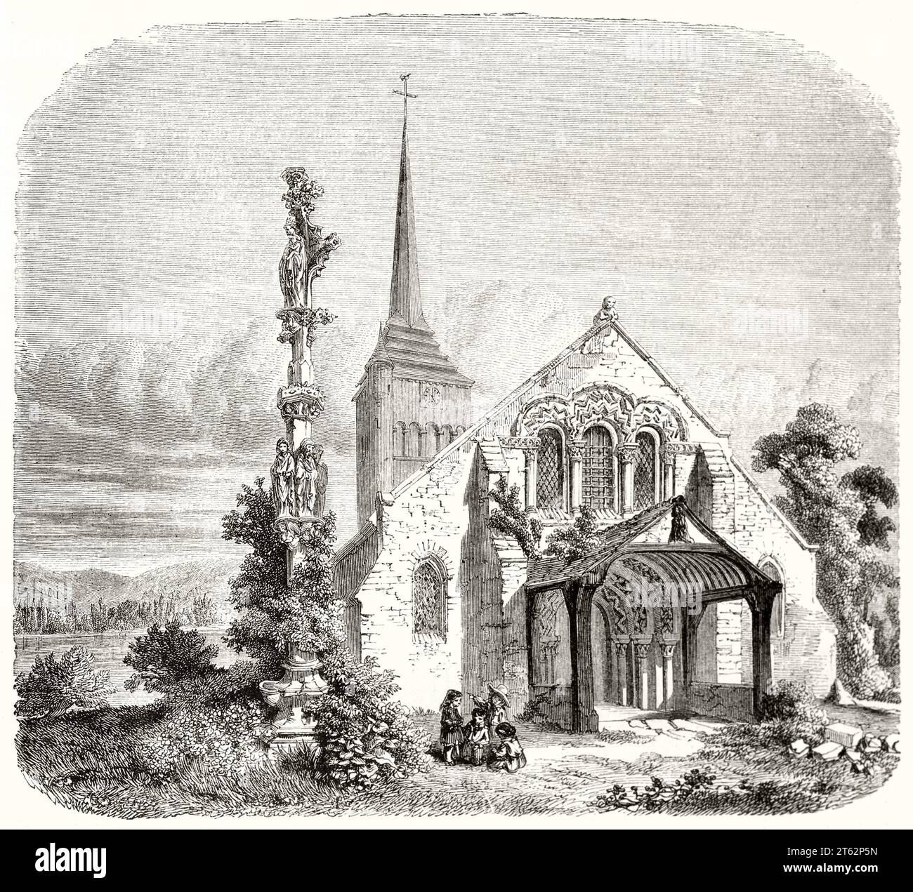Vue ancienne de l'église Saint-Ouen, Lery, France. Par Lancelot et Quaterly, publ. Sur magasin pittoresque, Paris, 1849 Banque D'Images