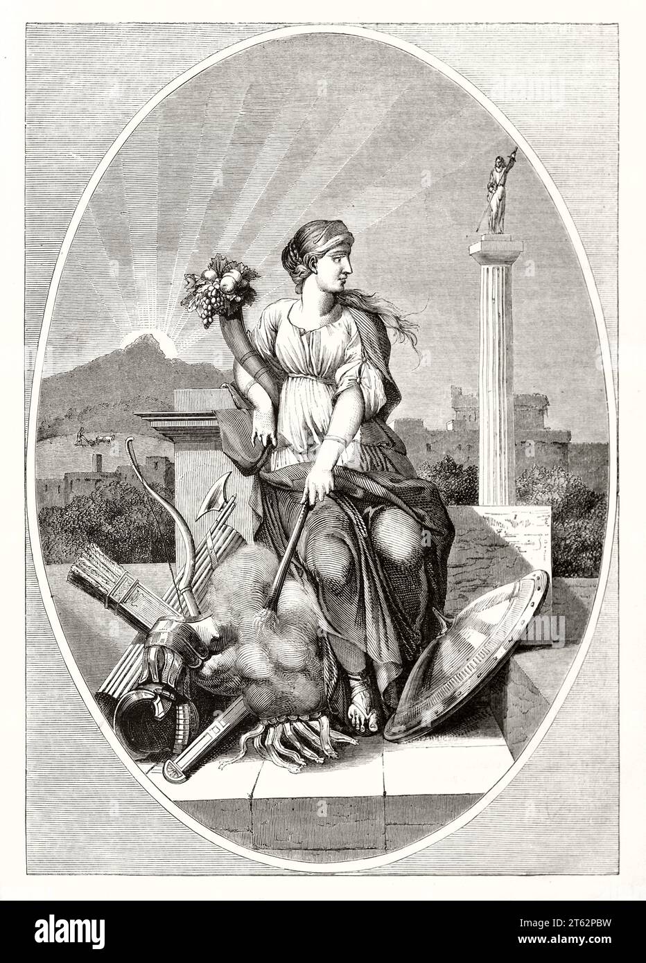 Vieille illustration allégorique de la sécurité. Par Bourdon, publ. Sur magasin pittoresque, Paris, 1849 Banque D'Images