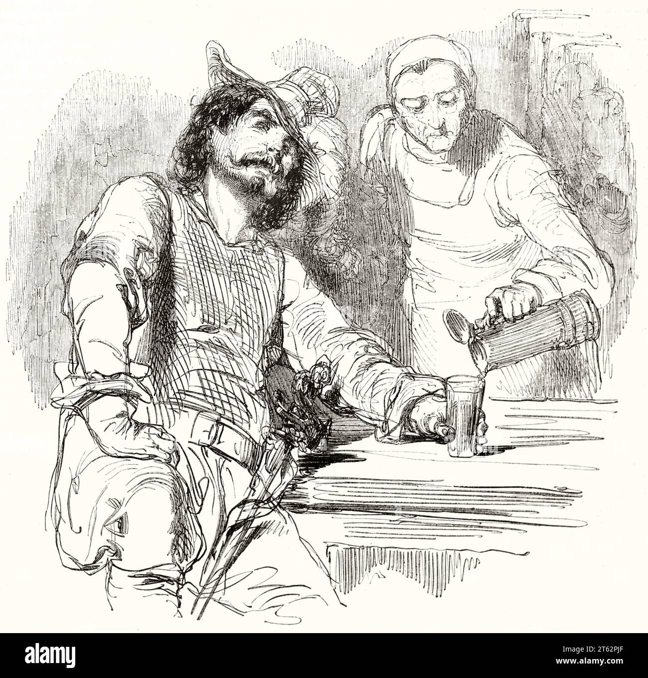 Vieille illustration représentant l'homme dans une taverne. Par Gavarni, publ. Sur magasin pittoresque, Paris, 1849 Banque D'Images
