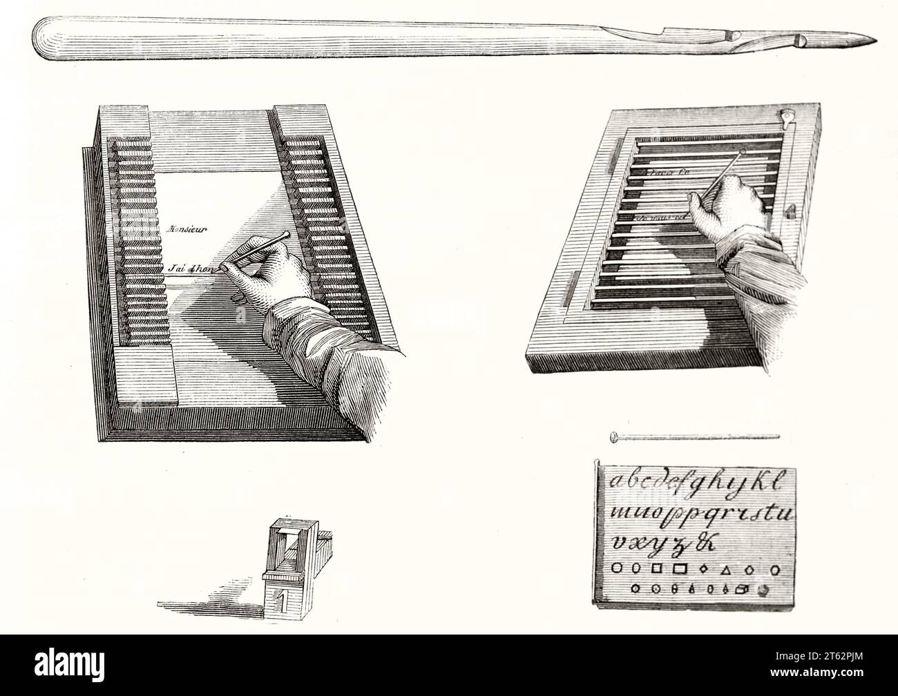 Vieille illustration d'outils d'écriture pour enseigner aux aveugles. Par auteur non identifié, publ. Sur magasin pittoresque, Paris, 1849 Banque D'Images