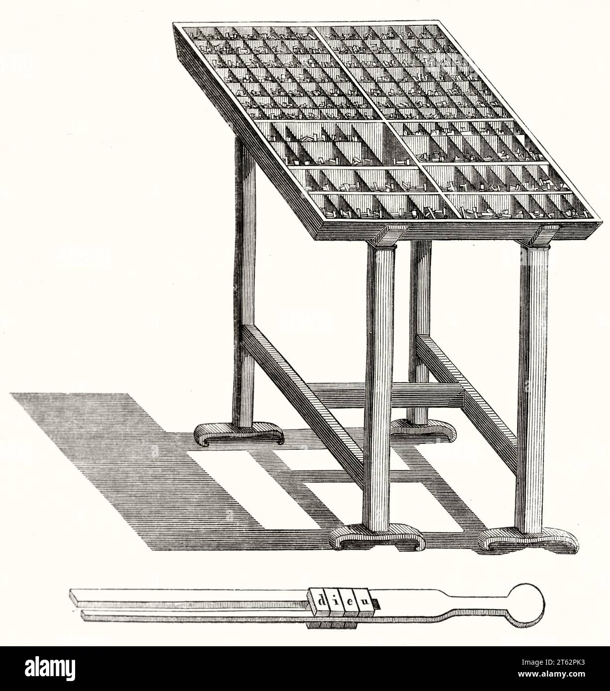 Ancienne illustration de l'accessoire d'outil d'écriture pour enseigner aux aveugles. Par auteur non identifié, publ. Sur magasin pittoresque, Paris, 1849 Banque D'Images