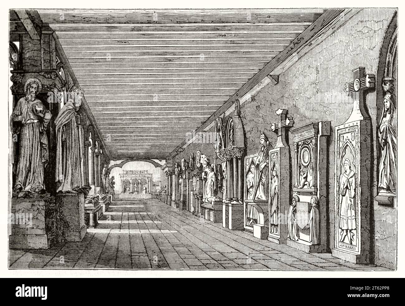 Vue ancienne du cloître du musée de Toulouse. Par Dauzat et Montigneul, publ. Sur magasin pittoresque, Paris, 1849 Banque D'Images