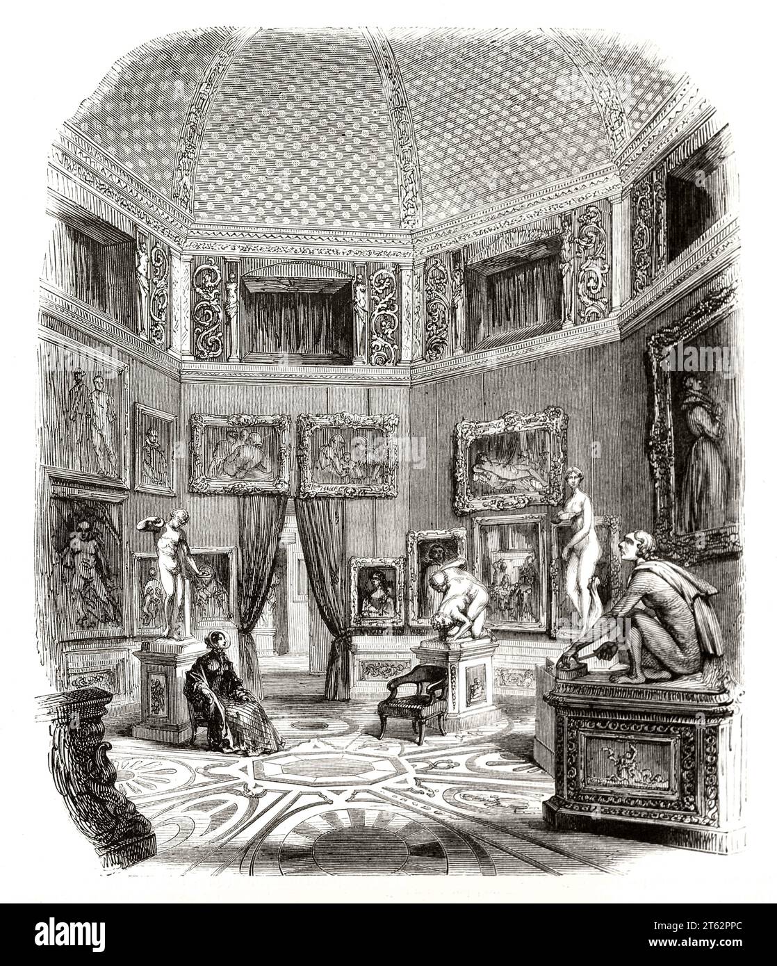 Vue ancienne du Tribuna : salle octogonale dans la galerie des Offices, Florence, Italie. Par Piaud, publ. Sur magasin pittoresque, Paris, 1849 Banque D'Images