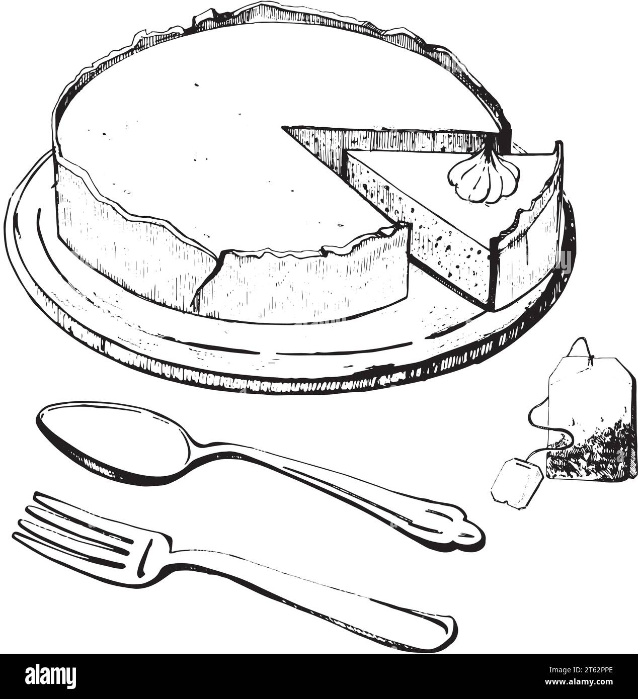 illustration vectorielle. Tarte à la citrouille, sachet de thé, cuillère à café, fourchette à dessert dessinée en vecteur en noir sur fond blanc. Pour cuisson, cuisine, salle à manger Illustration de Vecteur