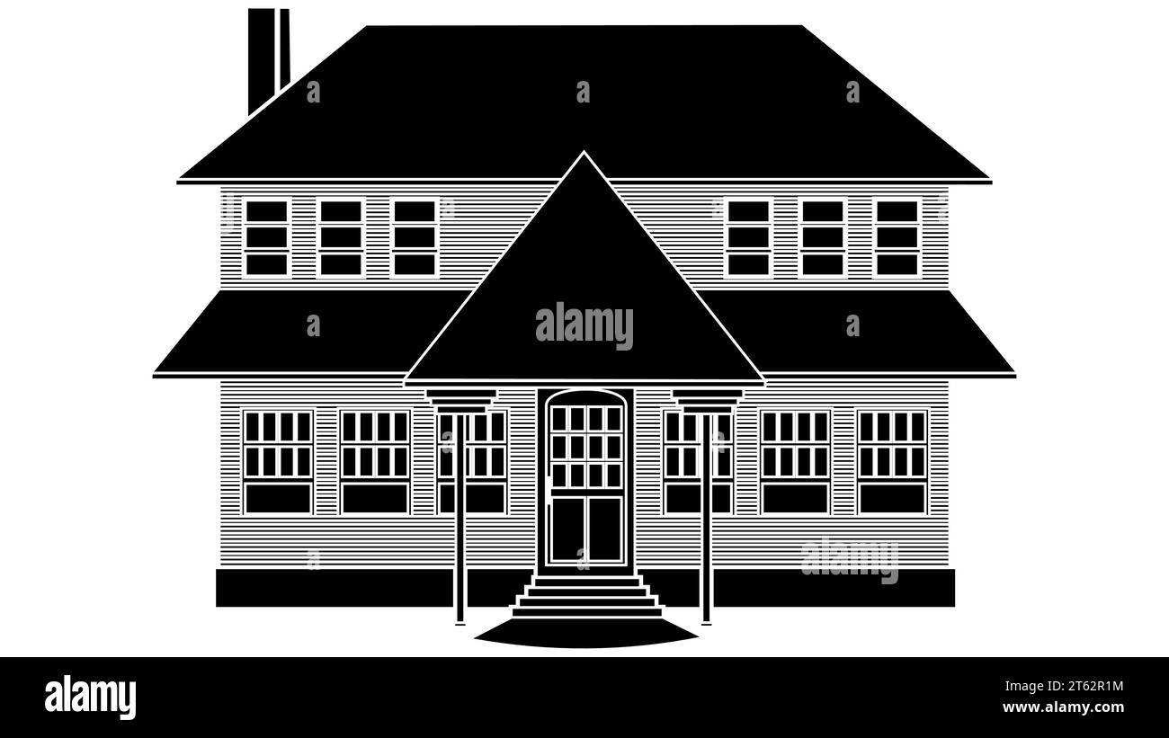 Silhouette noire de maison à deux étages avec porche isolé sur fond blanc. Clipart vectoriel. Illustration de Vecteur
