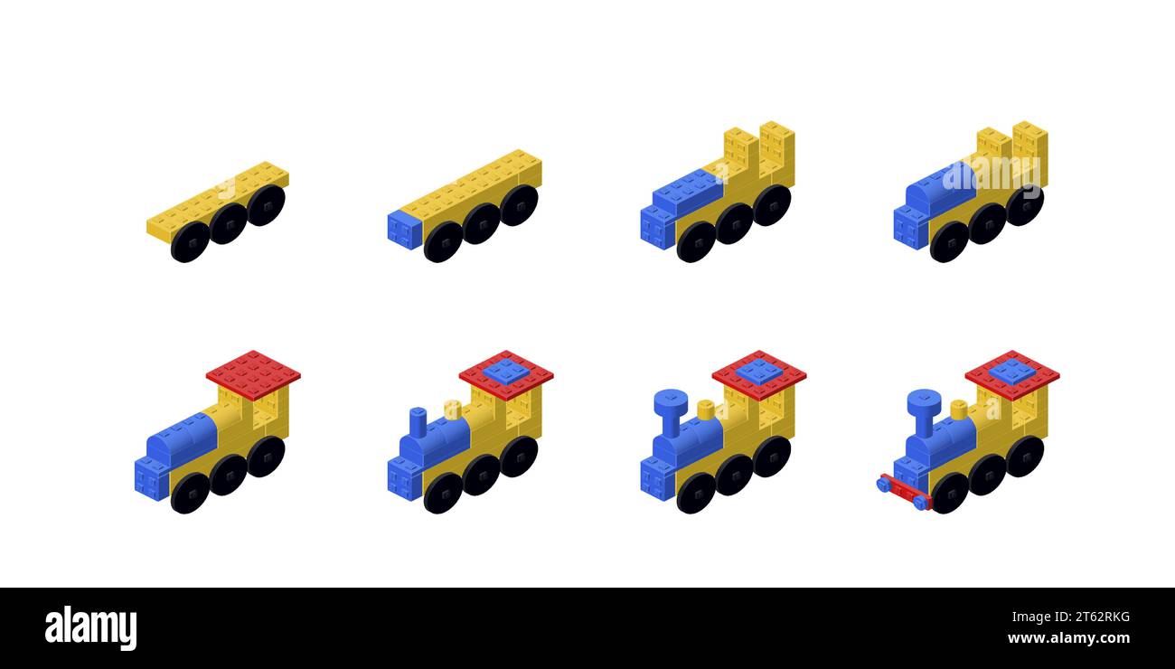 Construction étape par étape d'une locomotive à vapeur. Vecteur Illustration de Vecteur