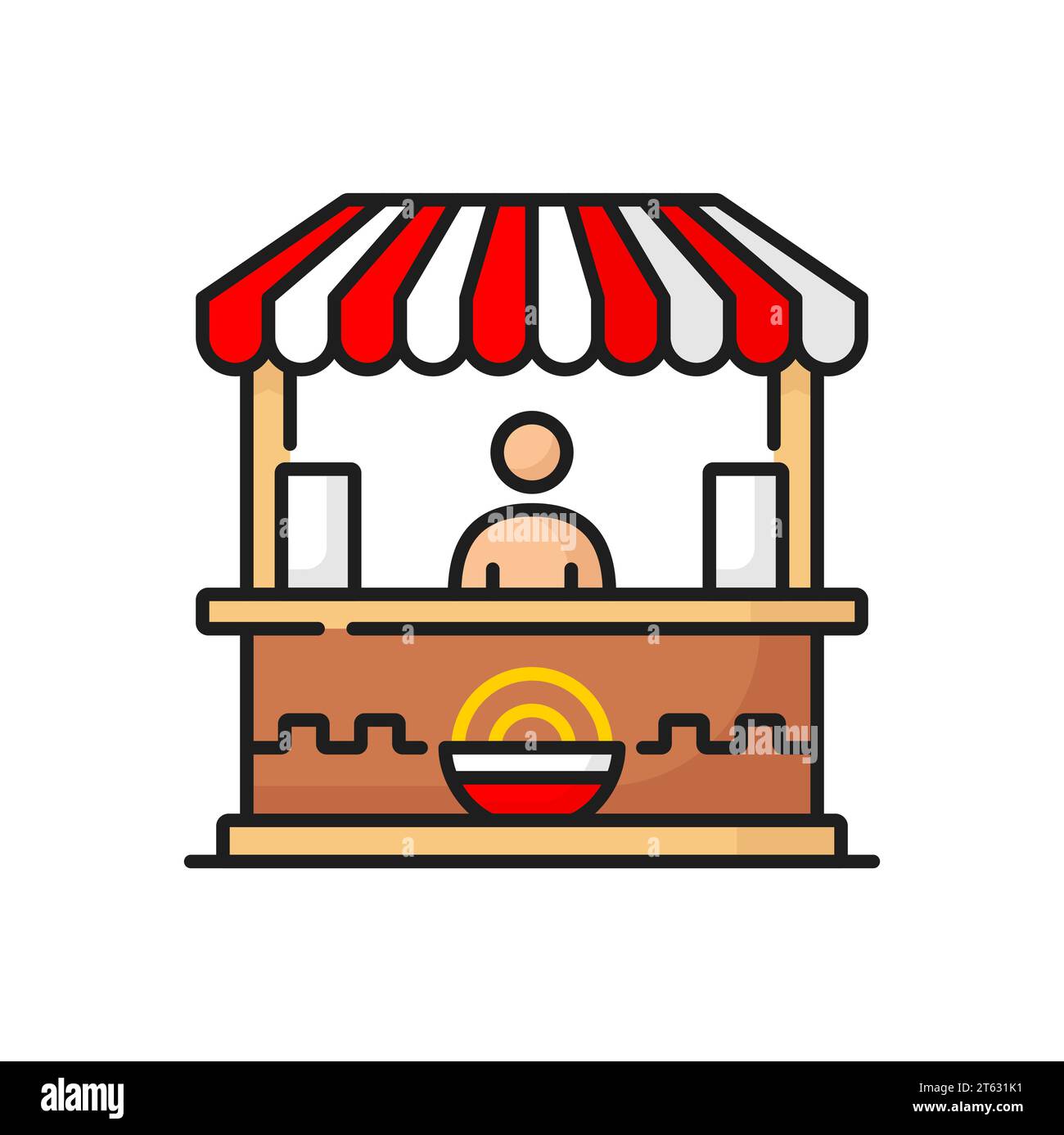 Boutique de fast-food avec nouilles, pâtes chinoises frites et ramen udon icône de ligne isolée. Vecteur à emporter nourriture de rue de pâte, vendeur et chariot de fourgon Illustration de Vecteur