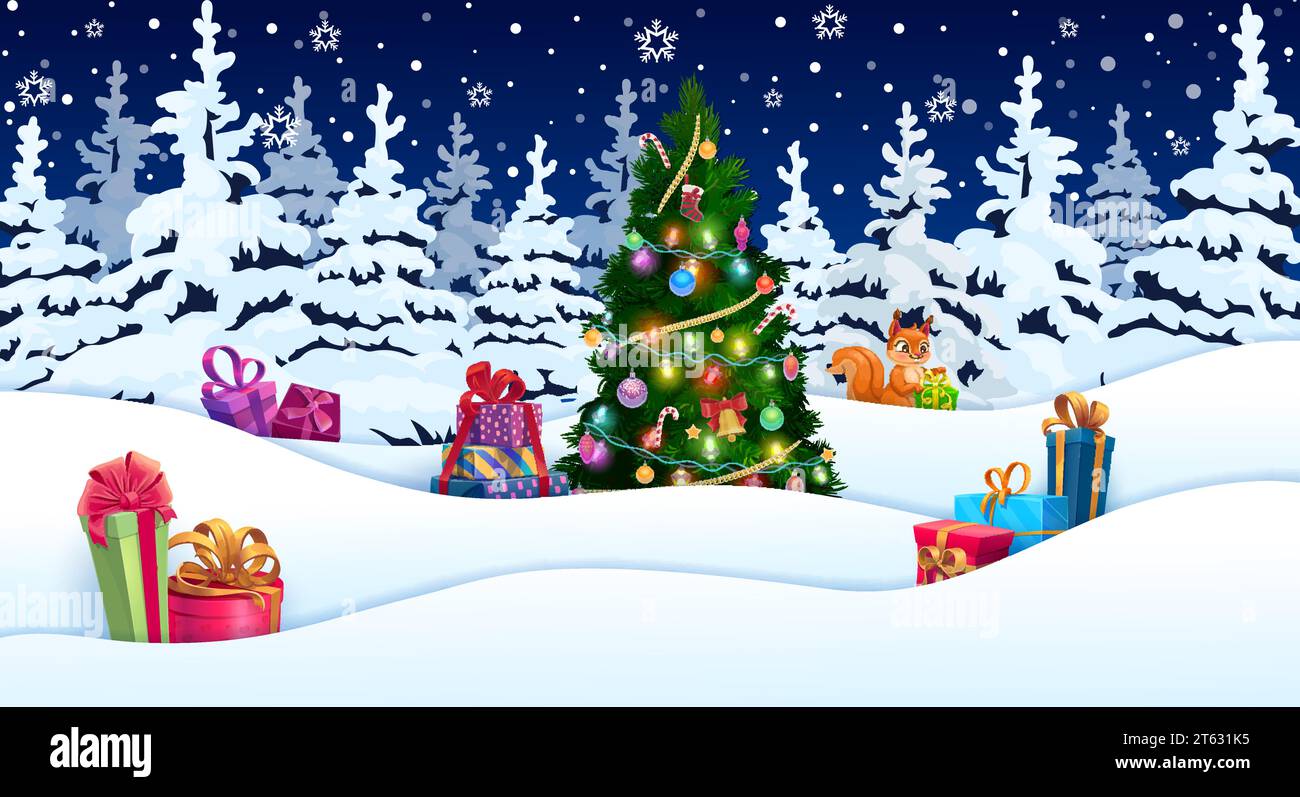Paysage de papier coupé de Noël d'hiver avec des cadeaux sur la neige et l'arbre de vacances. Fond vectoriel 3d festif du nouvel an avec sapin décoré, cadeaux de Noël dans la neige et personnage mignon de dessin animé d'écureuil Illustration de Vecteur