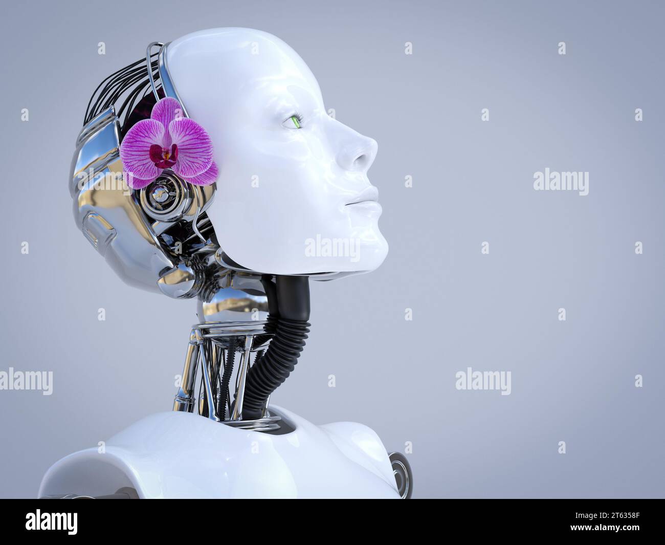 Portrait de rendu 3D d'un robot féminin avec une belle fleur d'orchidée sur le côté de sa tête. Fond gris avec espace copie. Banque D'Images