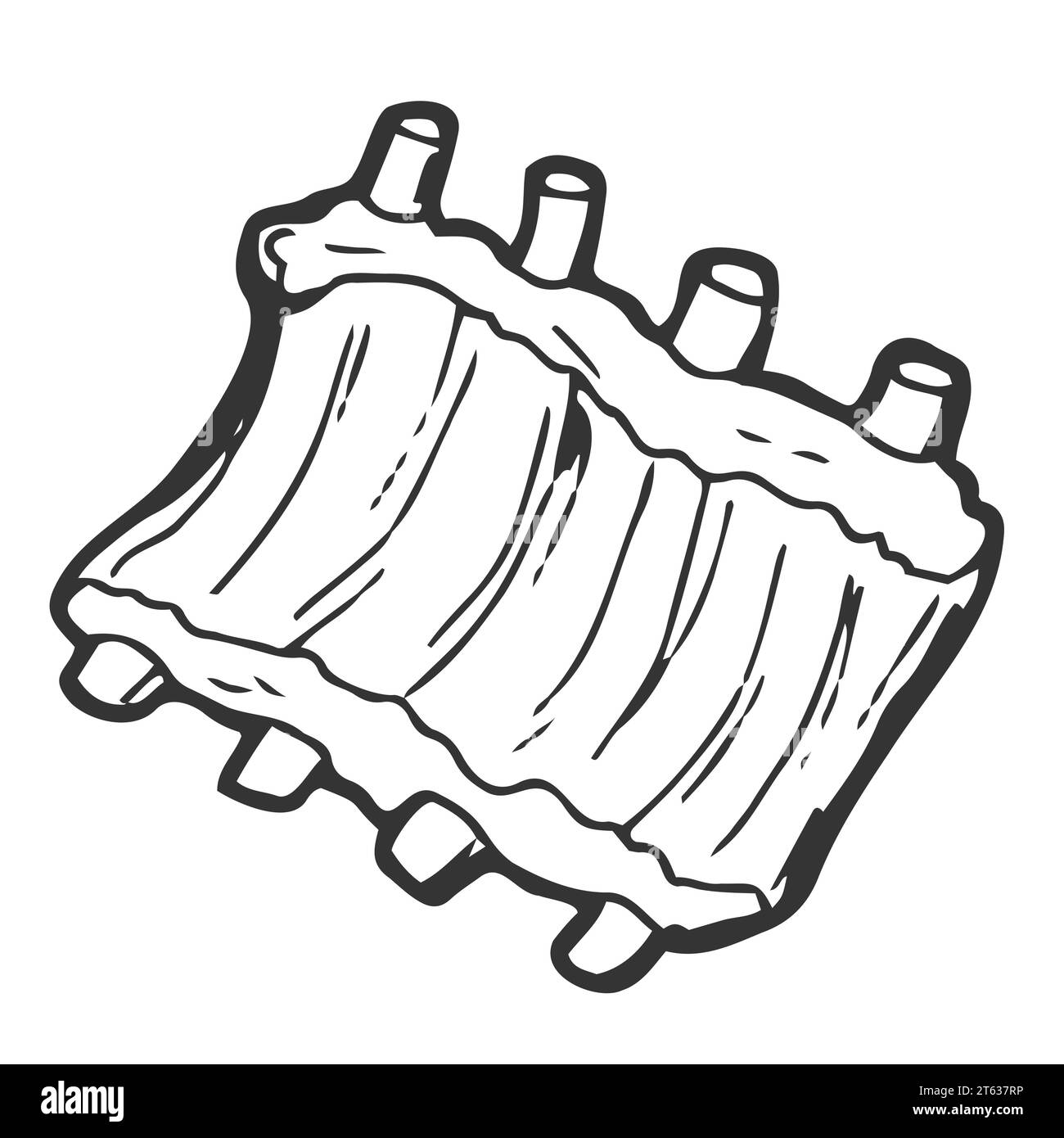Côtes de porc pour illustration vectorielle d'icône de contour de barbecue. Ligne de viande crue ou grillée tirée à la main avec des os, des côtes de bœuf ou d'agneau pour griller sur la fête de barbecue, la nourriture Illustration de Vecteur