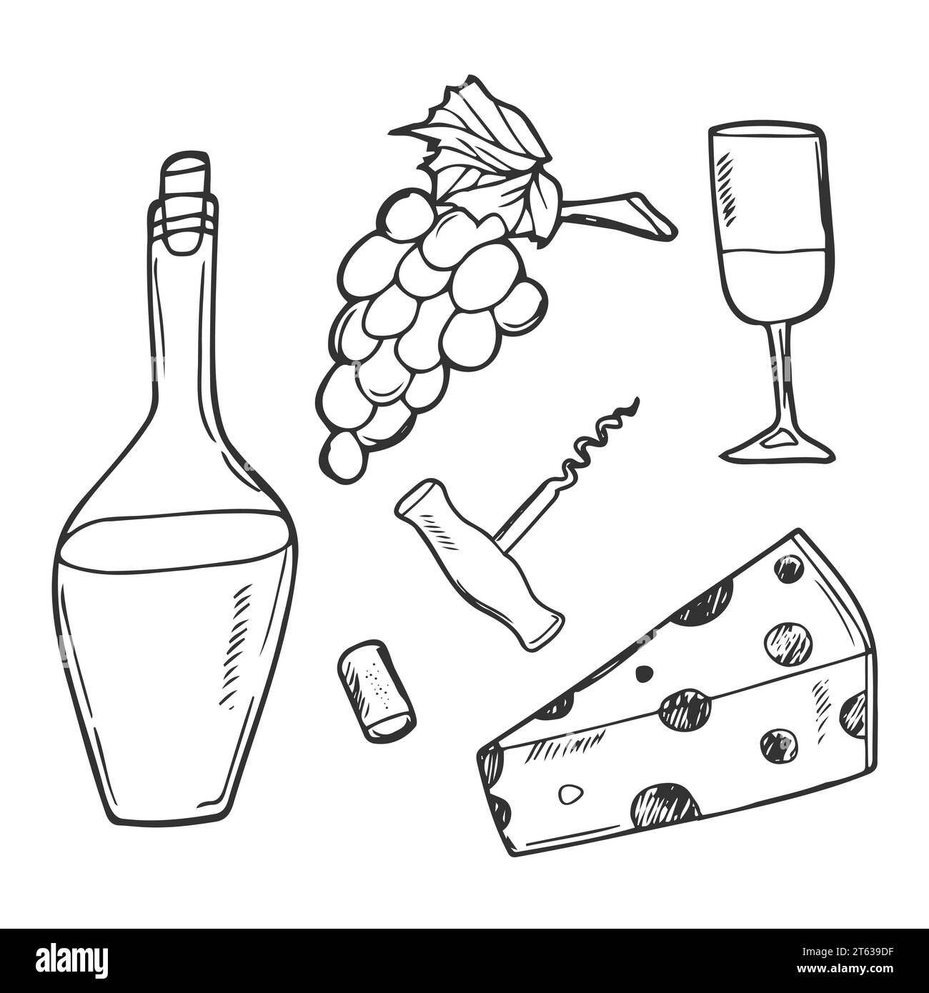 Illustration d'ensemble de vin de style Doodle en format vectoriel comprenant la bouteille, le verre, le tire-bouchon et le liège. Illustration de Vecteur