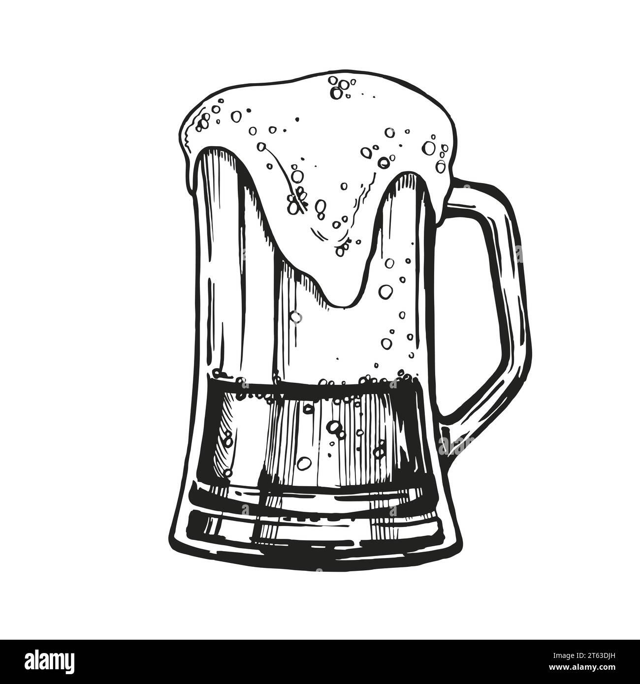 croquis de verre de bière, illustration vectorielle dessinée à la main de boisson avec beaucoup de mousse, tasse de bière, graphique doodle, couleur noir et blanc, monochrome, pour Illustration de Vecteur