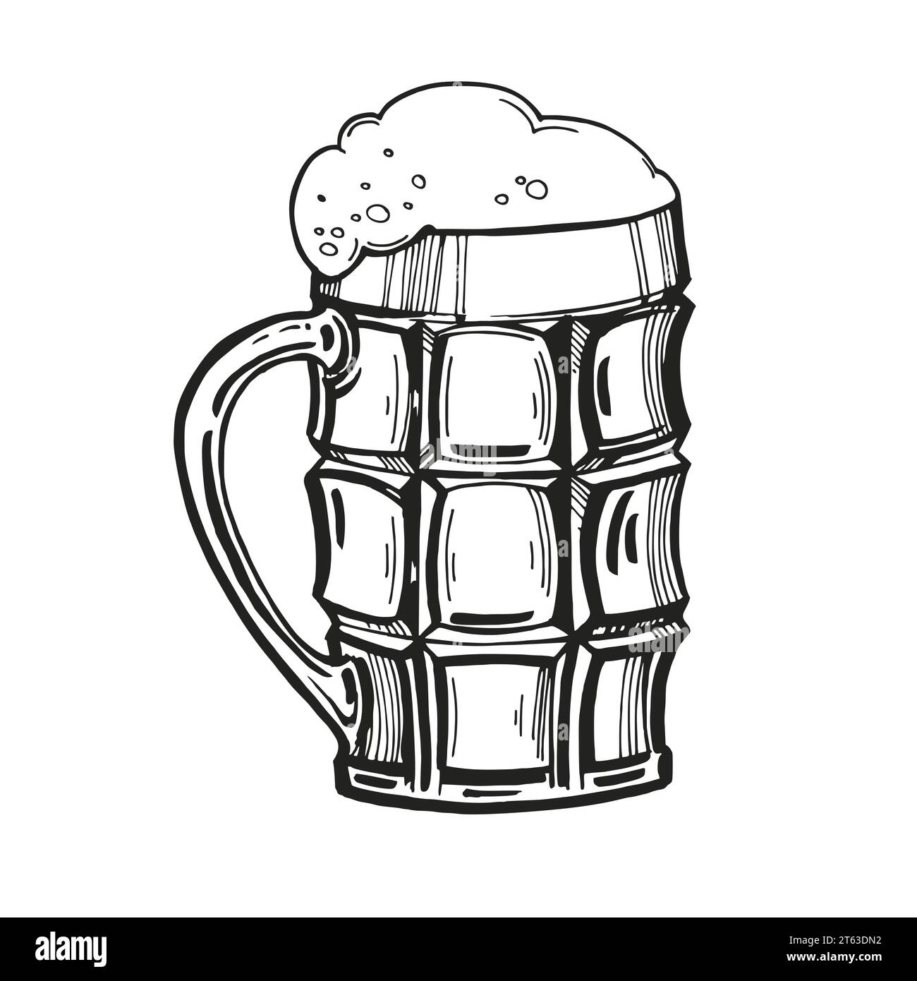 croquis de verre de bière, illustration vectorielle dessinée à la main de boisson avec beaucoup de mousse, tasse de bière, graphique doodle, couleur noir et blanc, monochrome, pour Illustration de Vecteur