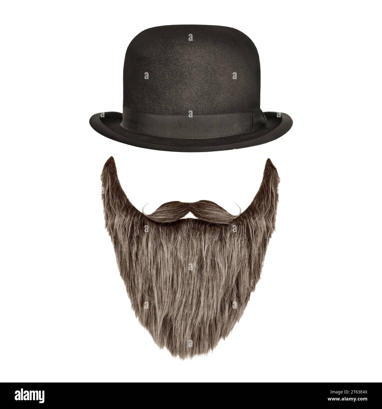 Chapeau melon vintage avec barbe frisée et moustache isolé sur un fond blanc Banque D'Images