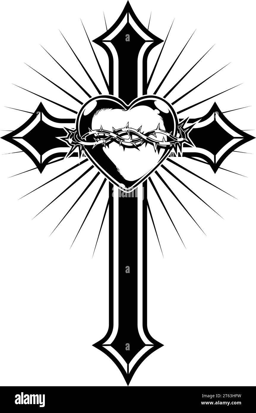 Belle croix chrétienne avec coeur d'amour et couronne d'épines crucifix vecteur isolé sur fond blanc Illustration de Vecteur