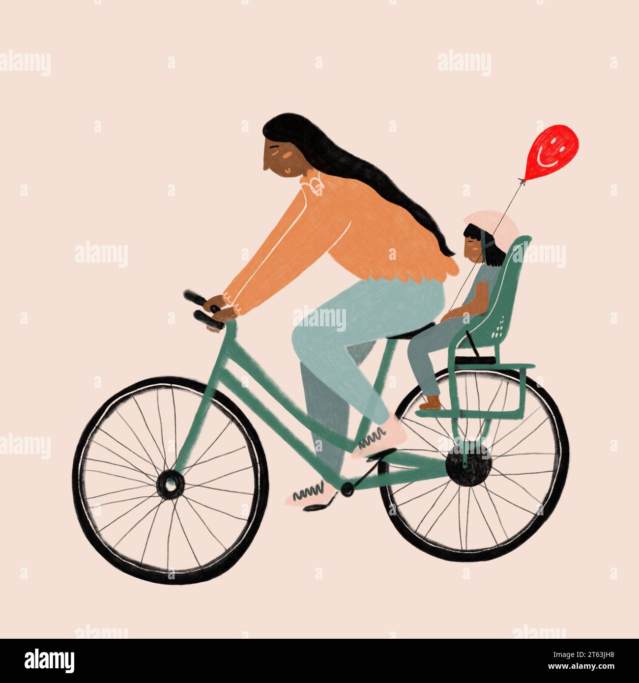 Illustration d'une femme à vélo avec un enfant assis à l'arrière, tenant un ballon rouge avec un visage souriant Banque D'Images