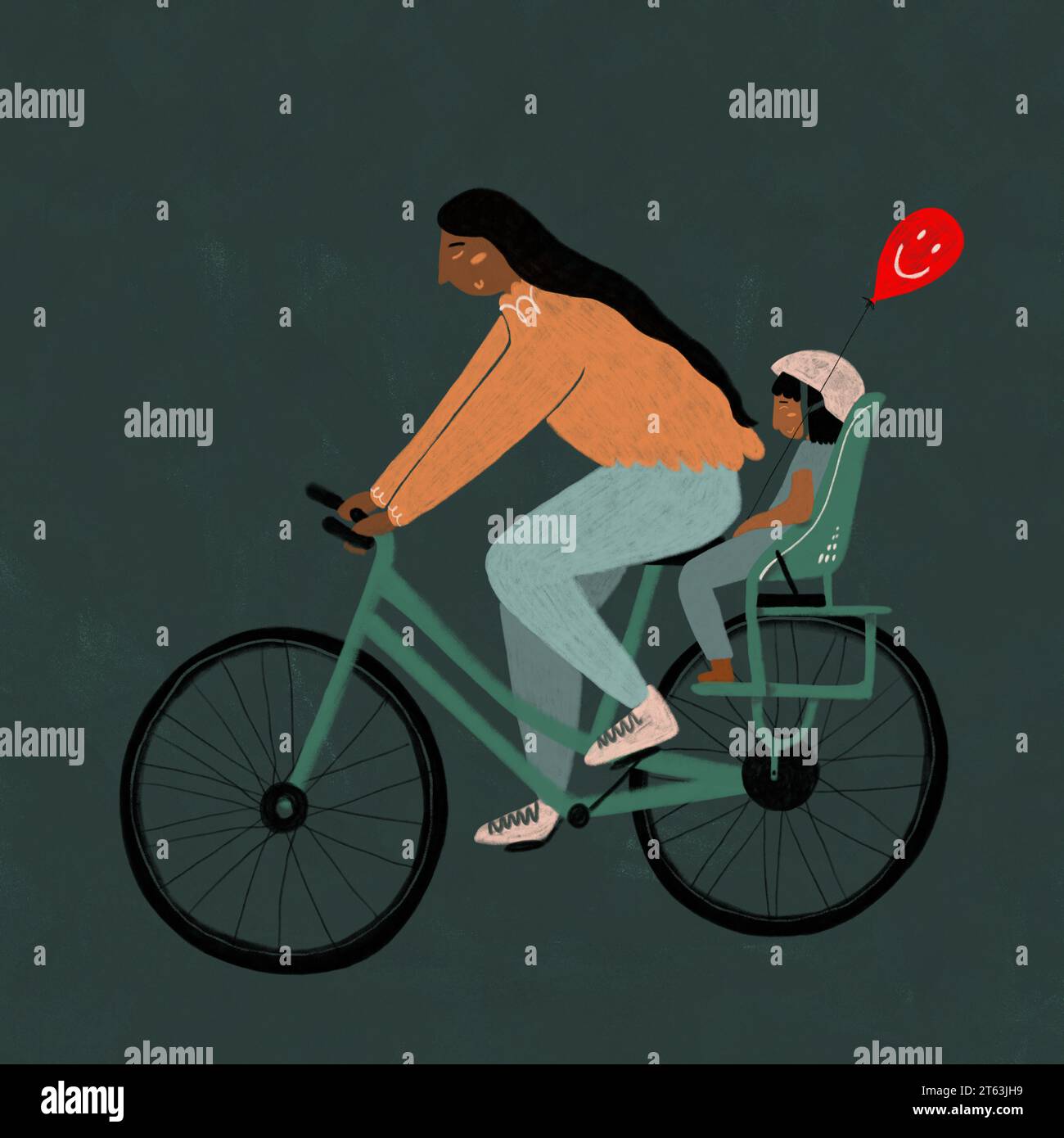 Illustration d'une femme à vélo avec un enfant assis à l'arrière, tenant un ballon rouge avec un visage souriant Banque D'Images