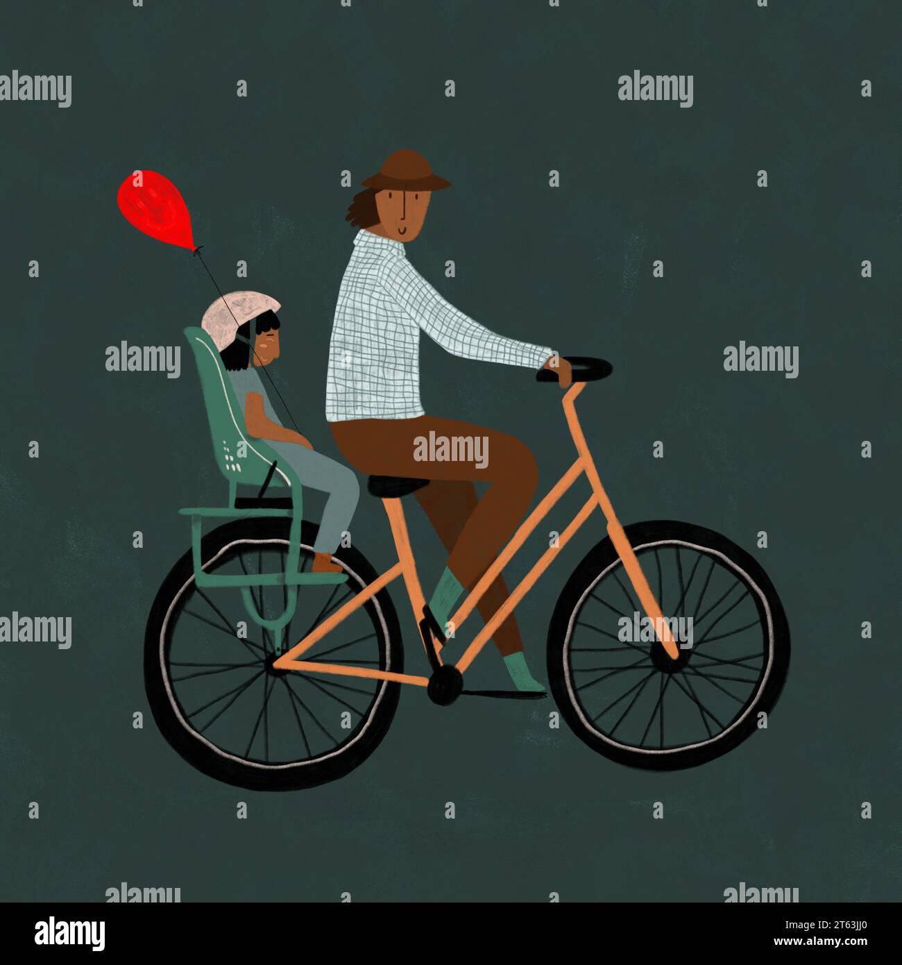 Illustration d'un homme à vélo avec un enfant assis à l'arrière, tenant un ballon rouge avec un visage souriant Banque D'Images