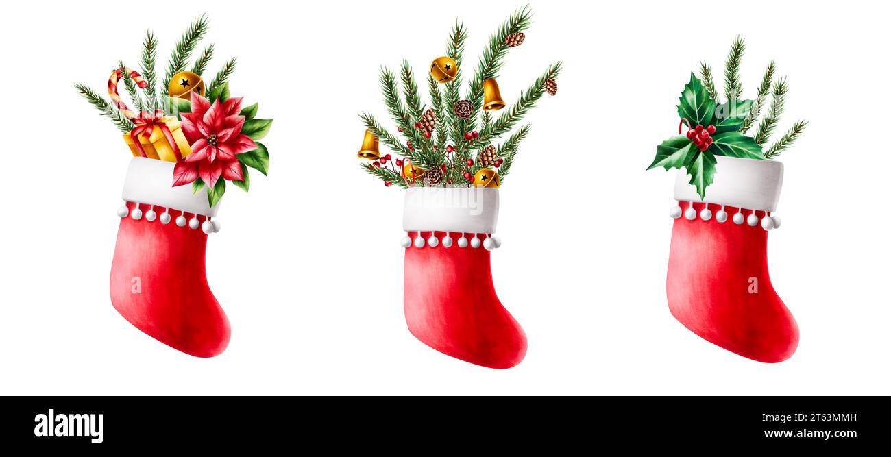 Bas de noël rouge aquarelle pour cadeaux avec bâton de caramel, branches de pin, cloche d'or, cadeau, cèdre, cônes de sapin, baies. Vacances nouvel an illus Banque D'Images