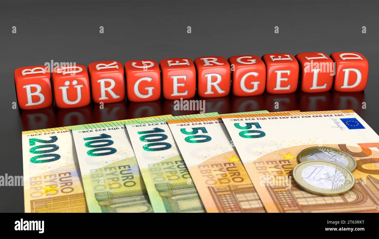 Dés avec le mot allemand "Buergergeld" (revenu des citoyens) sur les billets en euros Banque D'Images