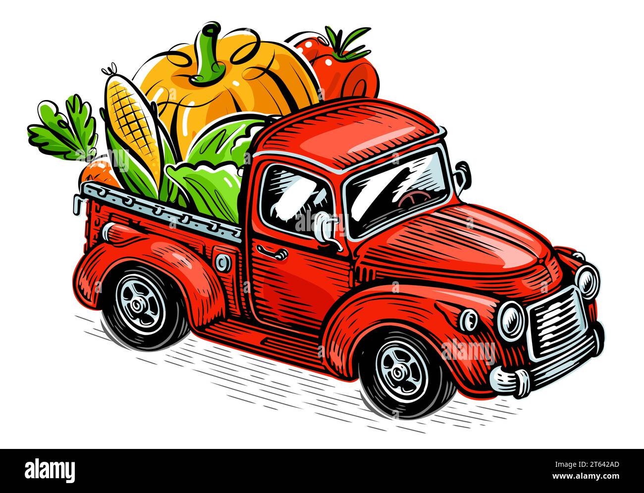 Camion agricole chargé de légumes frais. Nourriture biologique, illustration vectorielle Illustration de Vecteur