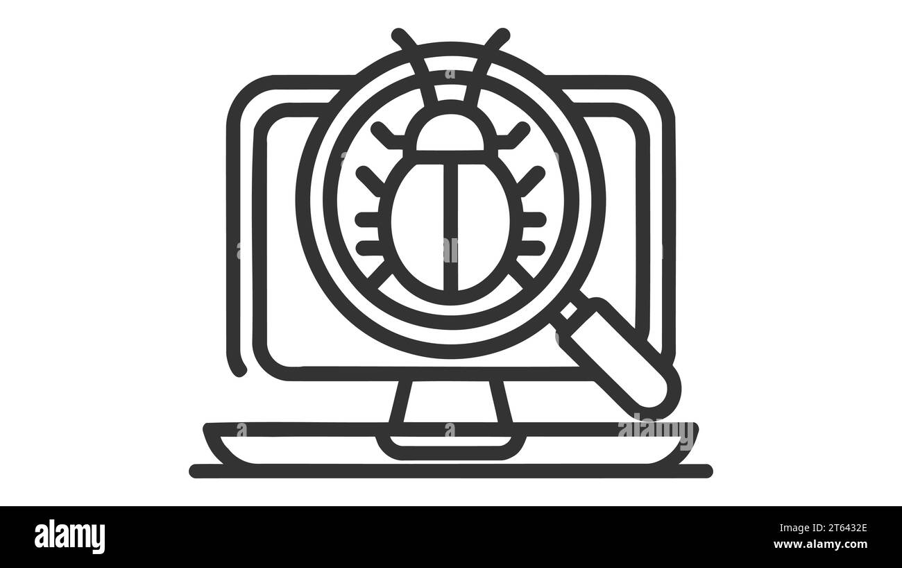 Icône vectorielle noire d'une loupe mettant l'accent sur un virus sur un écran d'ordinateur. Illustration de Vecteur