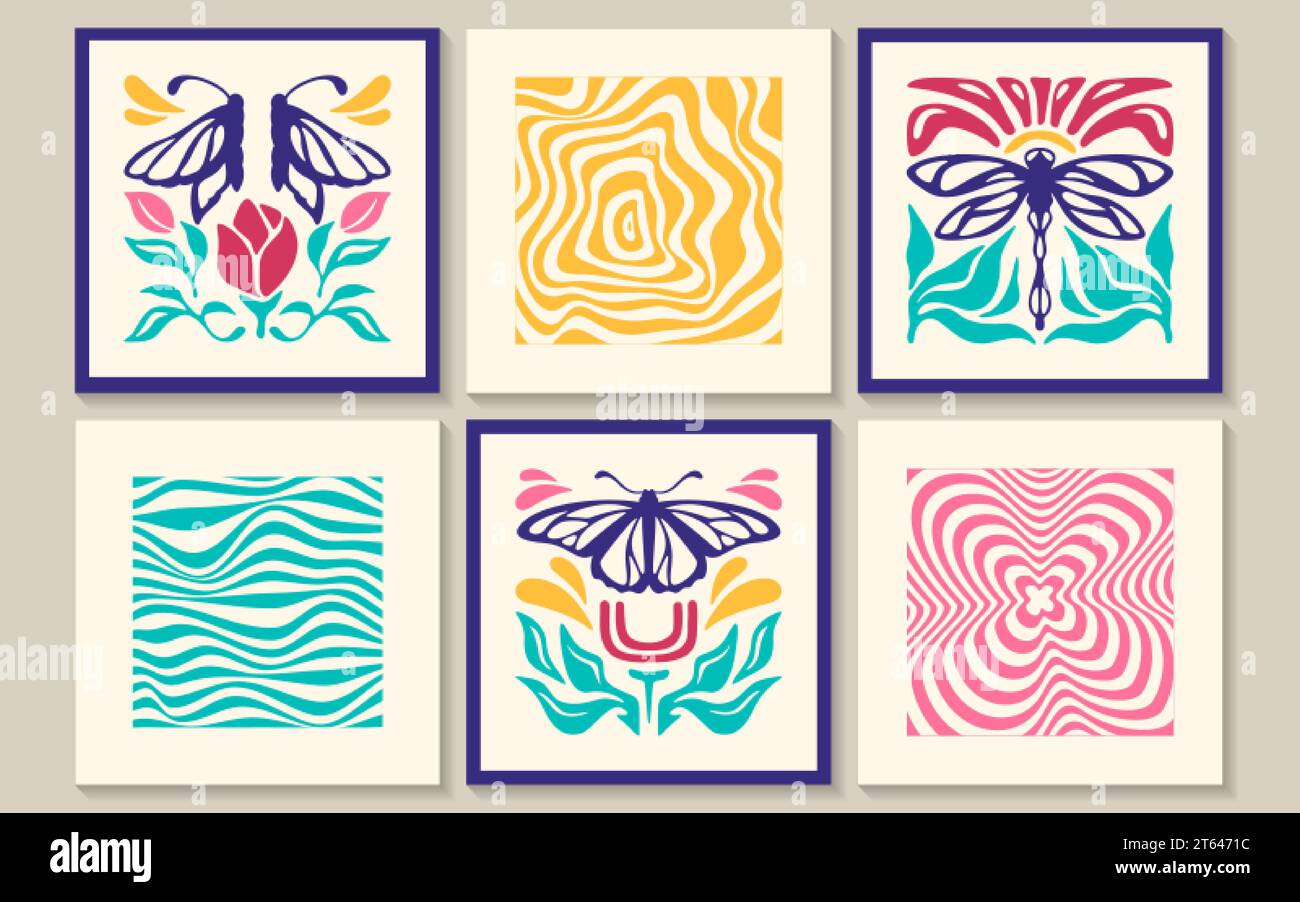 Ensemble d'affiches abstraites groovy avec papillon groovy et libellule, fleurs, vagues et motif de tourbillon dans le style minimal matisse. Bannières rétro à la mode avec des plantes, courbes imprimées. Cadres intérieurs naïfs modernes. Illustration de Vecteur