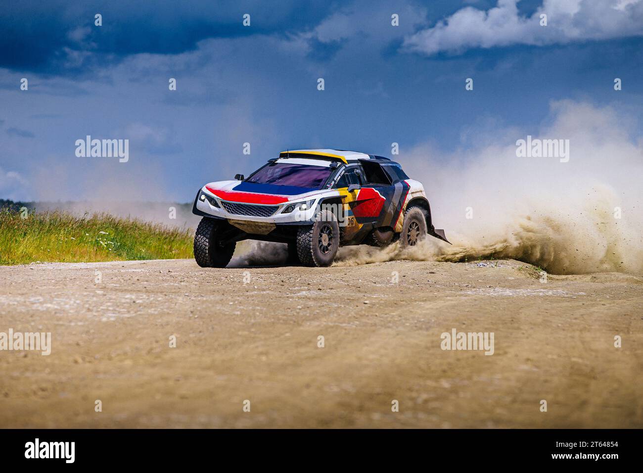 course automobile à grande vitesse roule sur route poussiéreuse pendant le rallye de cross-country Banque D'Images