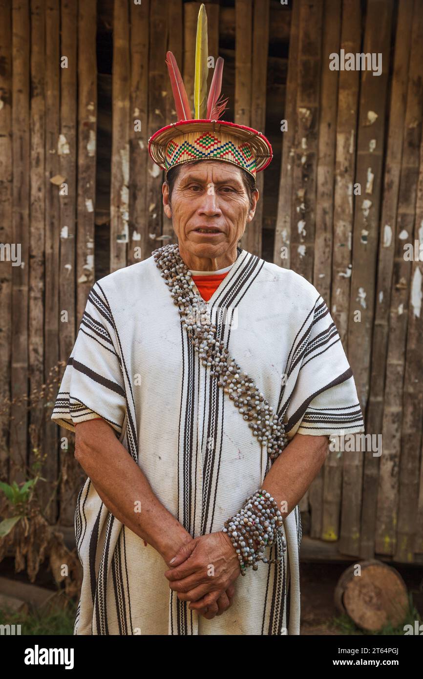 28 octobre 2019, Pérou. Homme de jungle péruvienne sage en médecine naturelle, de la communauté de Yaneshas, Oxapampa. Banque D'Images