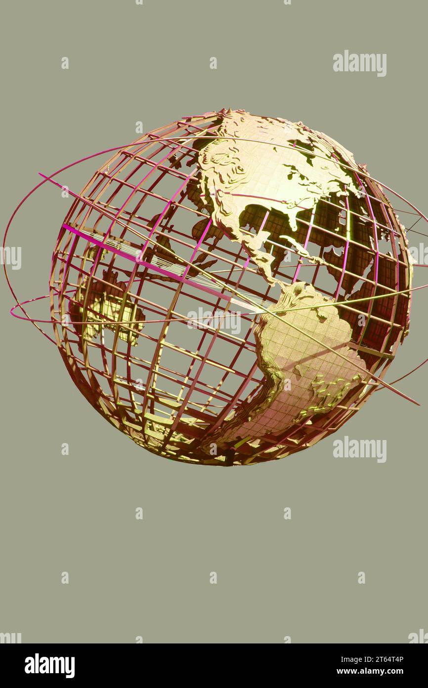 Globe métallique, Unisphere, montrant l'hémisphère occidental suspendu. Carte ronde du monde Banque D'Images
