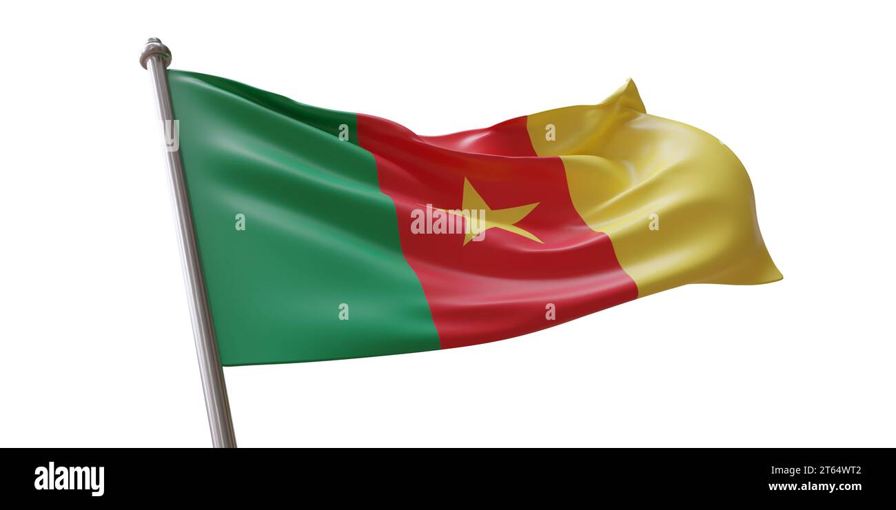 Agitant Le Drapeau Du Cameroun Sur Fond Blanc.