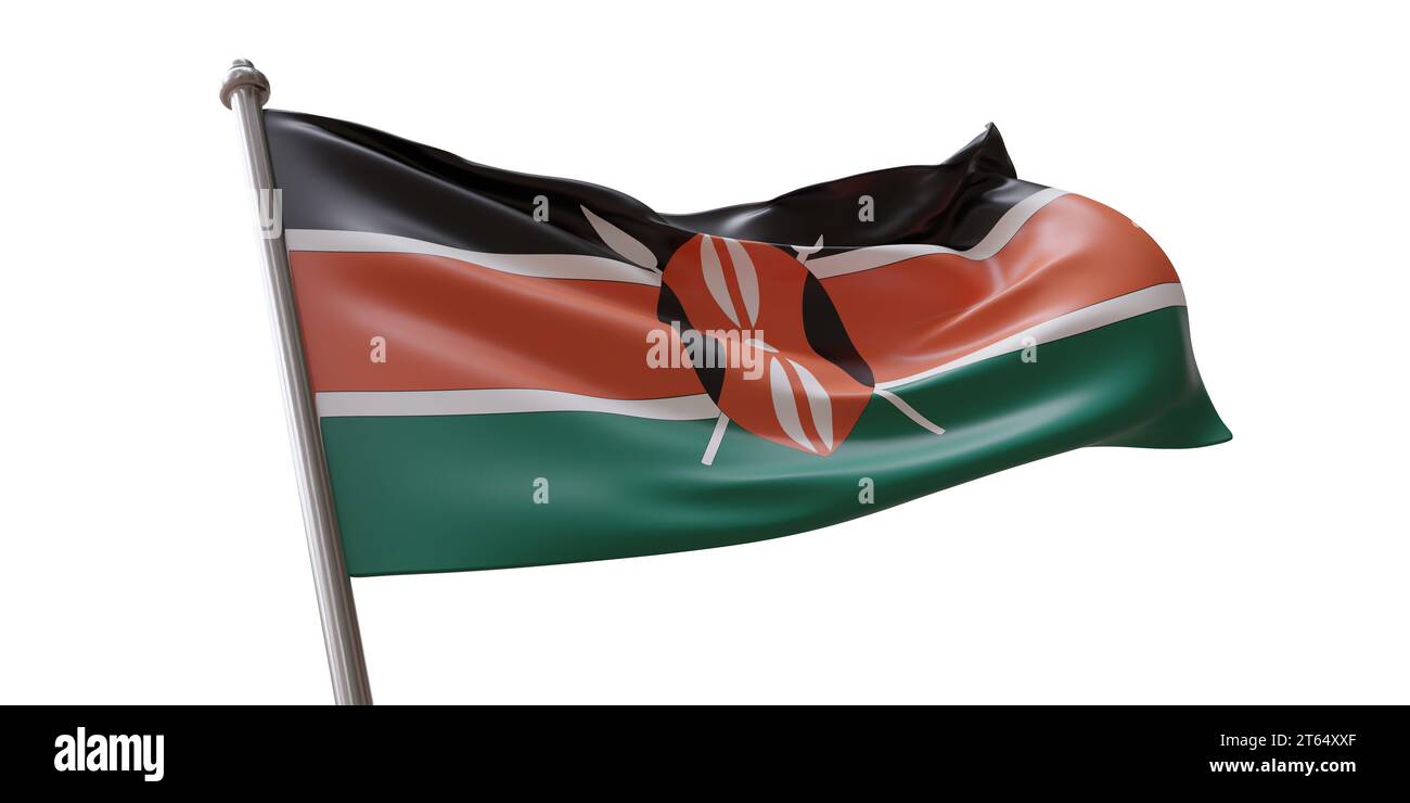 Drapeau du Kenya agitant isolé sur fond transparent blanc Banque D'Images